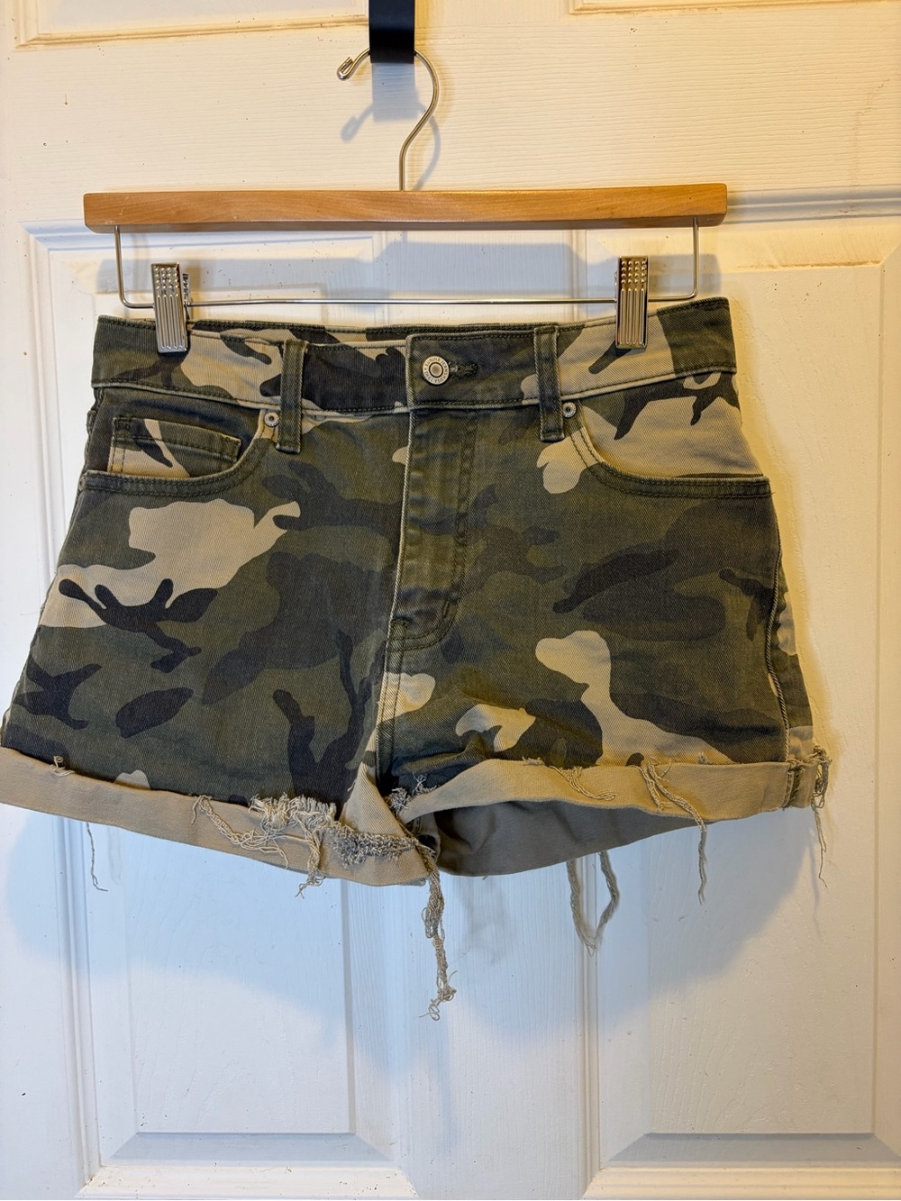 eunina Kara Green Camo Super High-Rise High Low Rolled Jean Shorts